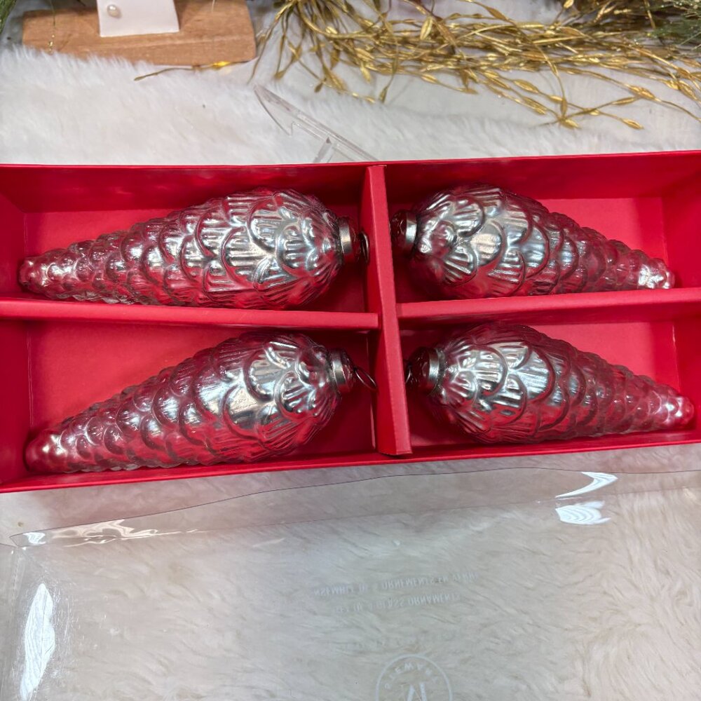 Martha Stewart Set of 4 Silver bBlown Mercury Glass Ornaments Pinecone 7" New